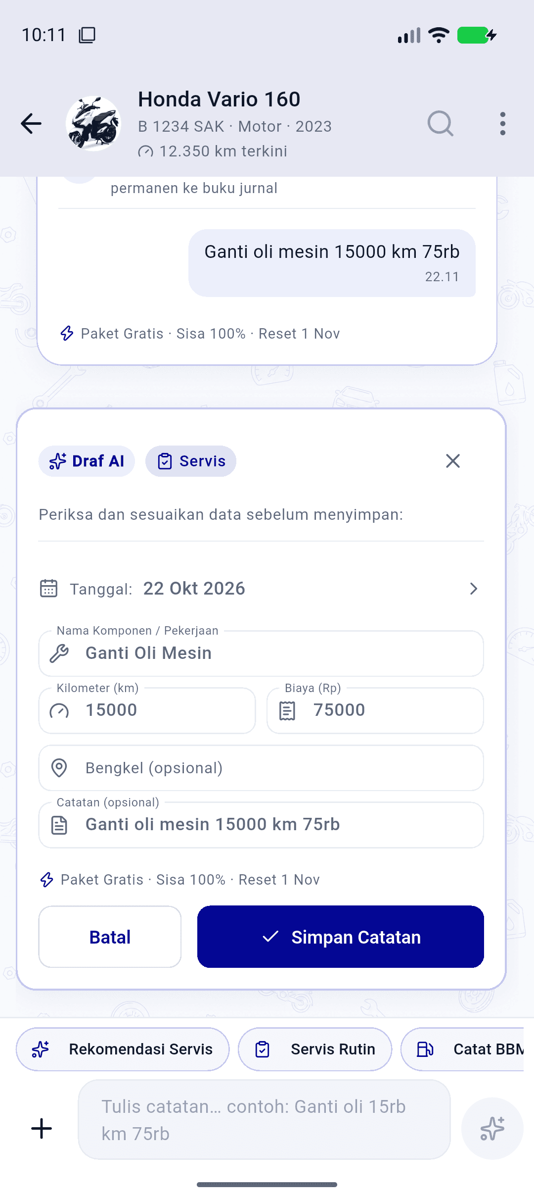 AI Smart Log Catat Otomatis - Montir Saku
